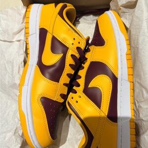 Nike University Gold and Maroon Dunk Low Retro